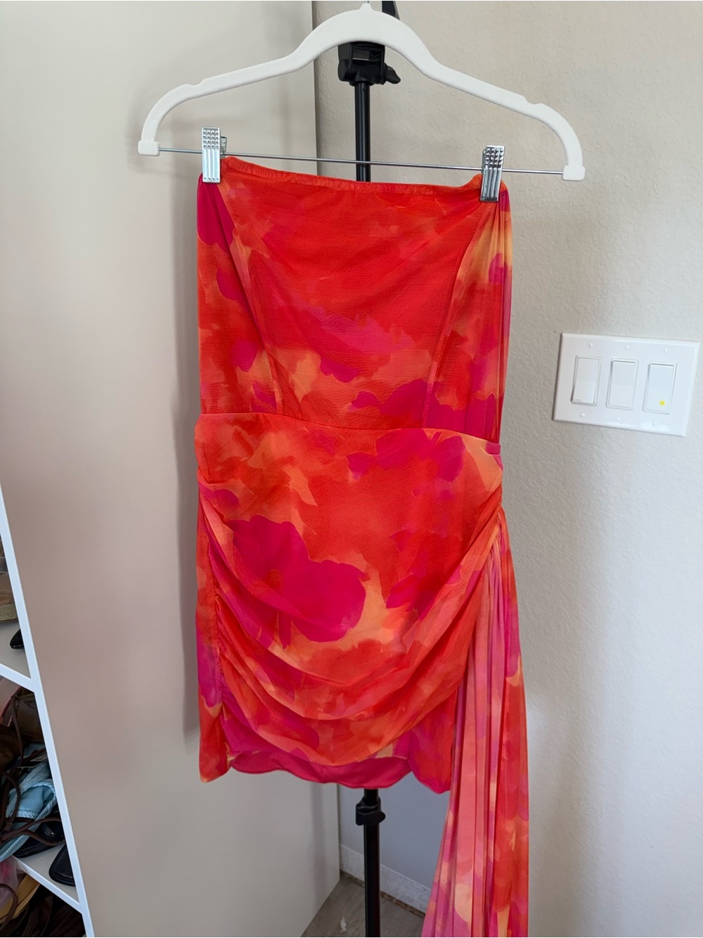 Fashion Nova Red and Pink Strapless Draped Mini Dress
